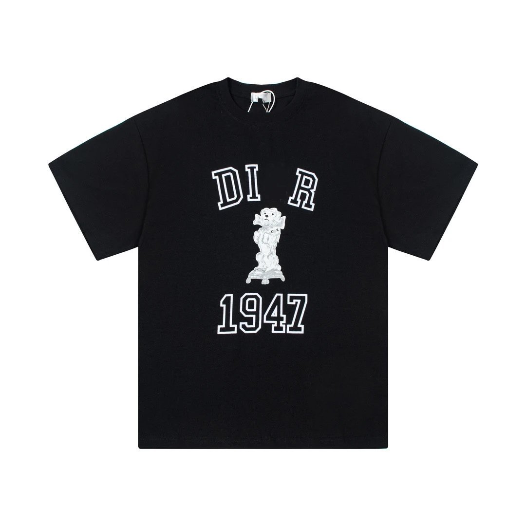 High-end New Dior Bobble Dog Flock Print Unisex Loose Short Sleeve Top Base Layer