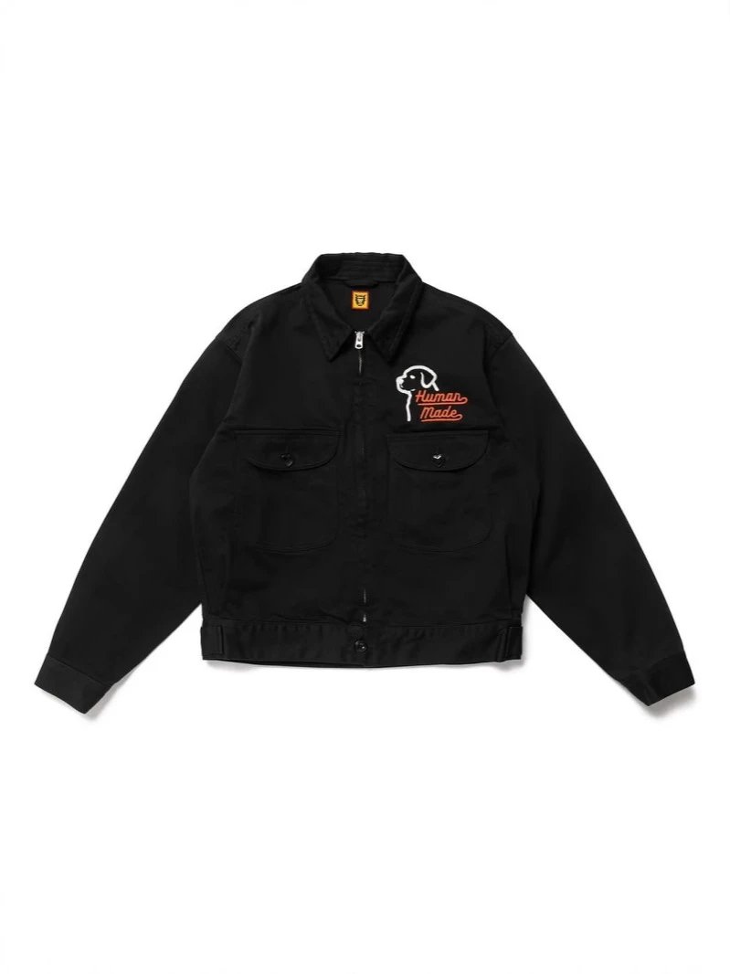 Trendy Vintage HUMAN MADE Dog Embroidery Lapel Work Jacket Ins Zipper Unisex Couple