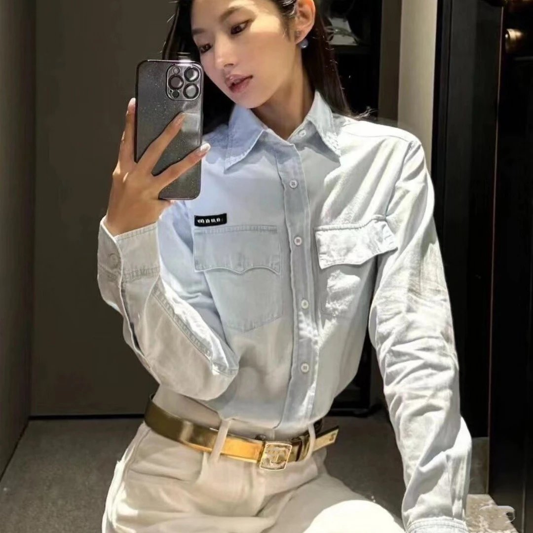 24 new style Miu Miu Zhang Ruonan same style long sleeve blue denim shirt women's