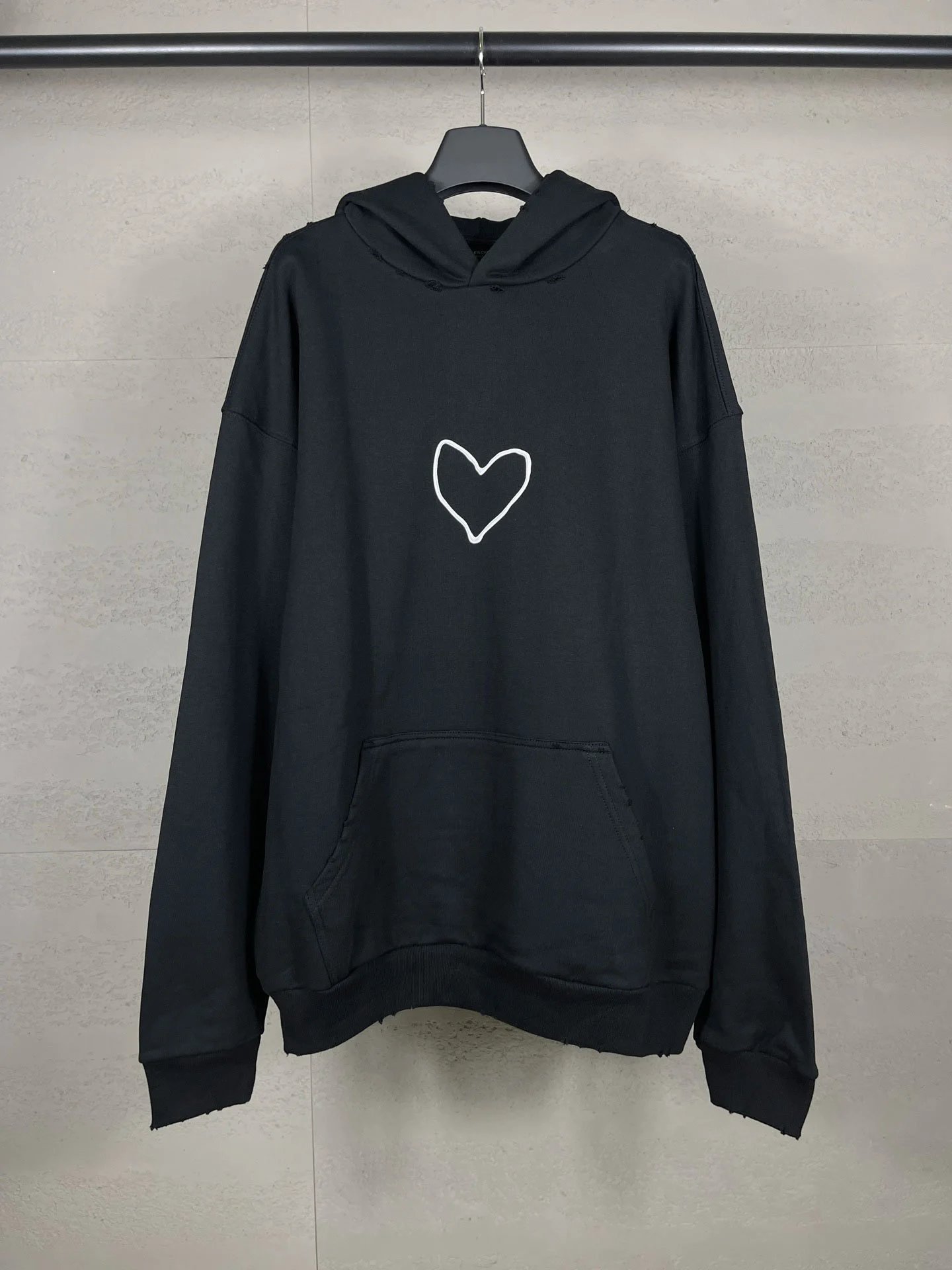 Balenciaga Qixi Limited Edition Heart LOGO Print Garment Wash Frayed Distressed Hoodie Men's