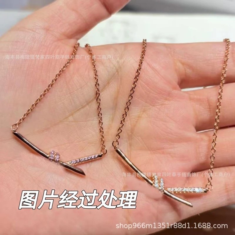 T Knot Necklace for Women, Crossed Bow Necklace 18K Gold Plated Choker Eileen Gu Same Style INS Minimalist