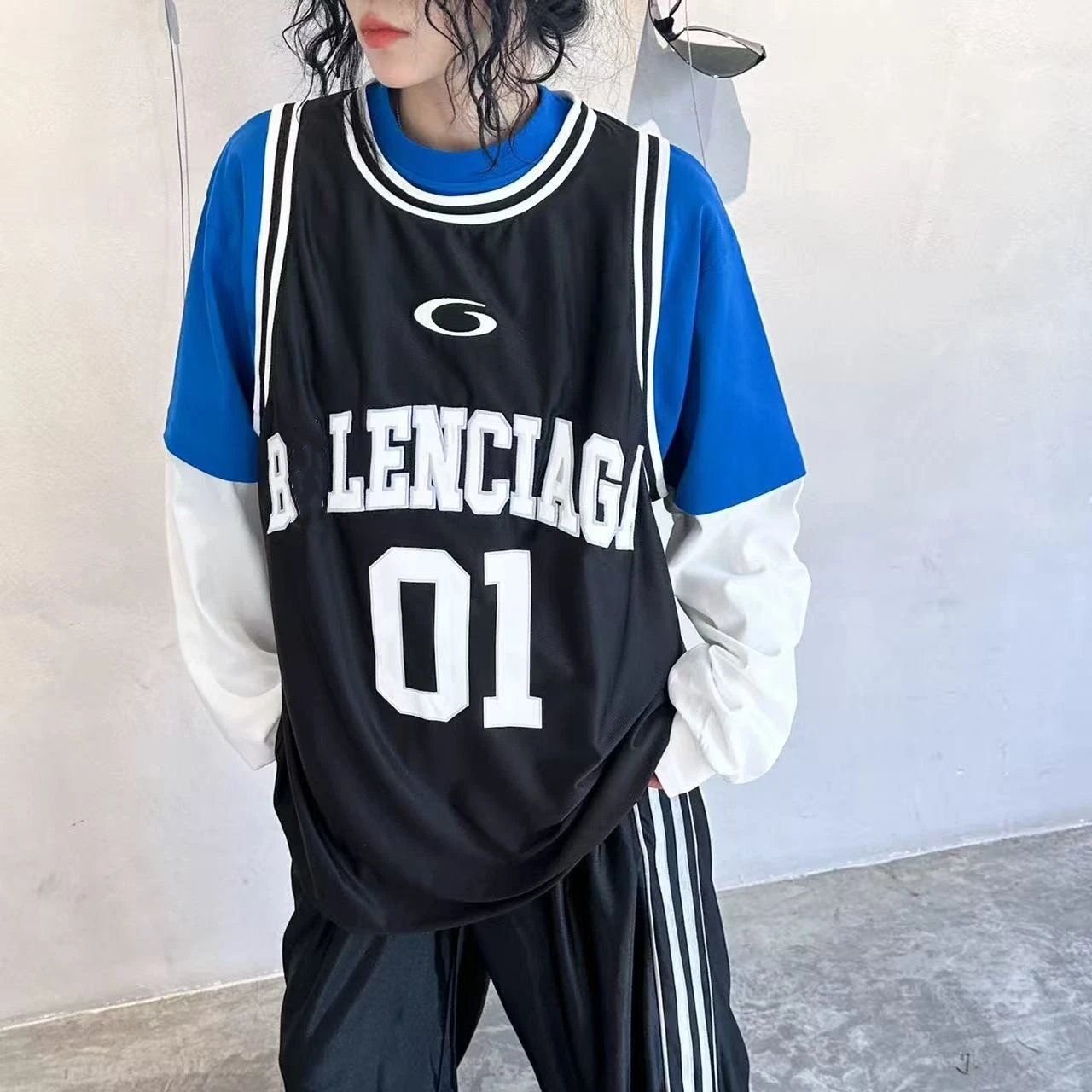 Early Autumn New balenciaga Basketball Jersey Fake Three-Piece Set Embroidery Print Long Sleeve T-shirt Unisex