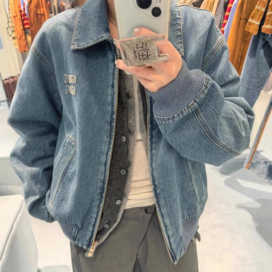 Miu Miu Patch Embroidery Letter Washed Vintage Denim Unisex Loose Jacket
