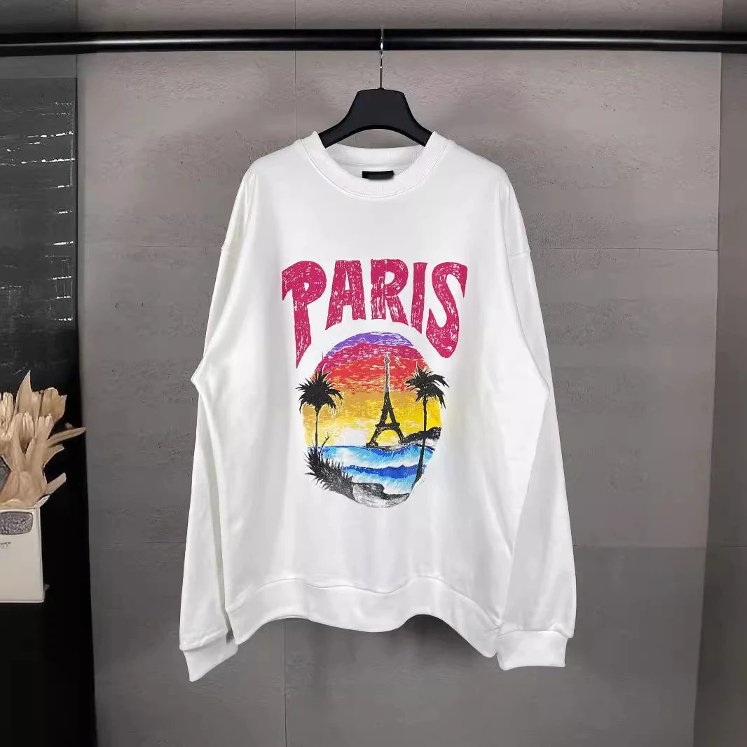 Balenciaga Hawaiian Sunset Coconut Tree Tower LOGO Pattern Round Neck Hoodie Loose Casual Unisex Hooded Sweatshirt