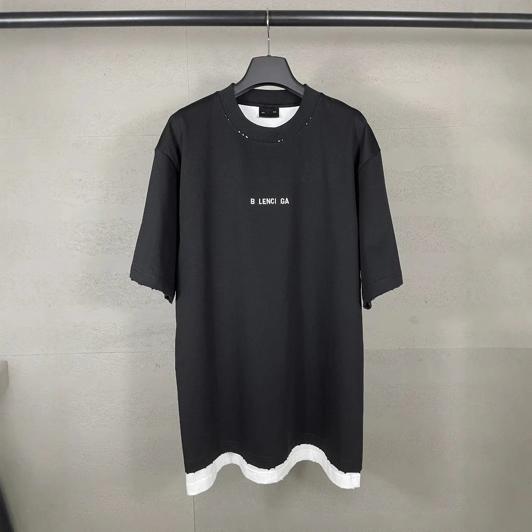 Balenciaga Embroidery Letter Double Layer Two-piece Washed Distressed Vintage Short Sleeve T-shirt Unisex
