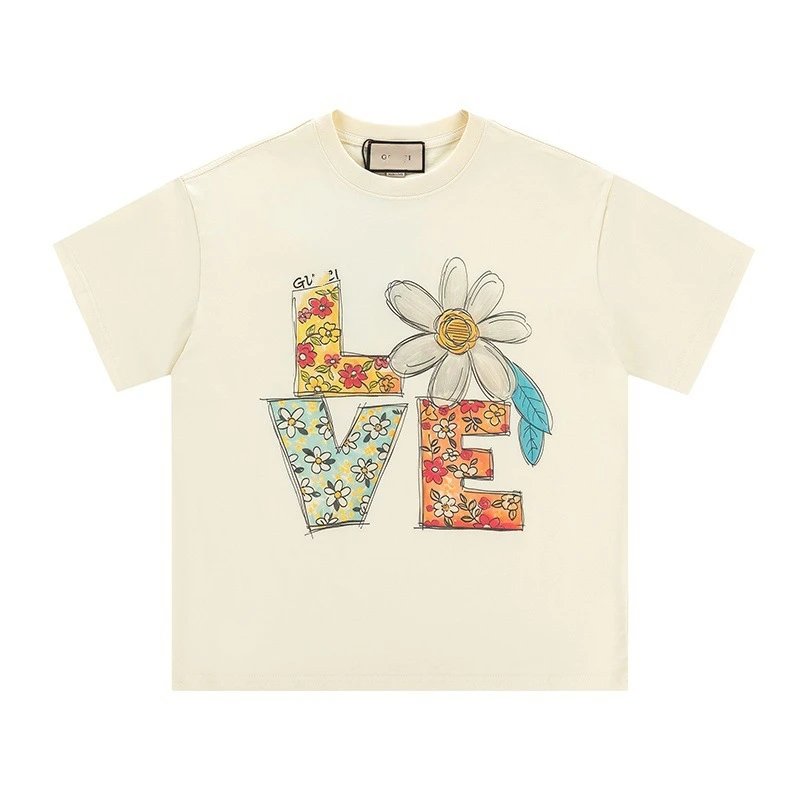 2025 New Gucci Floral LOVE Print Minimalist Solid Color Short Sleeve T-shirt Top Unisex