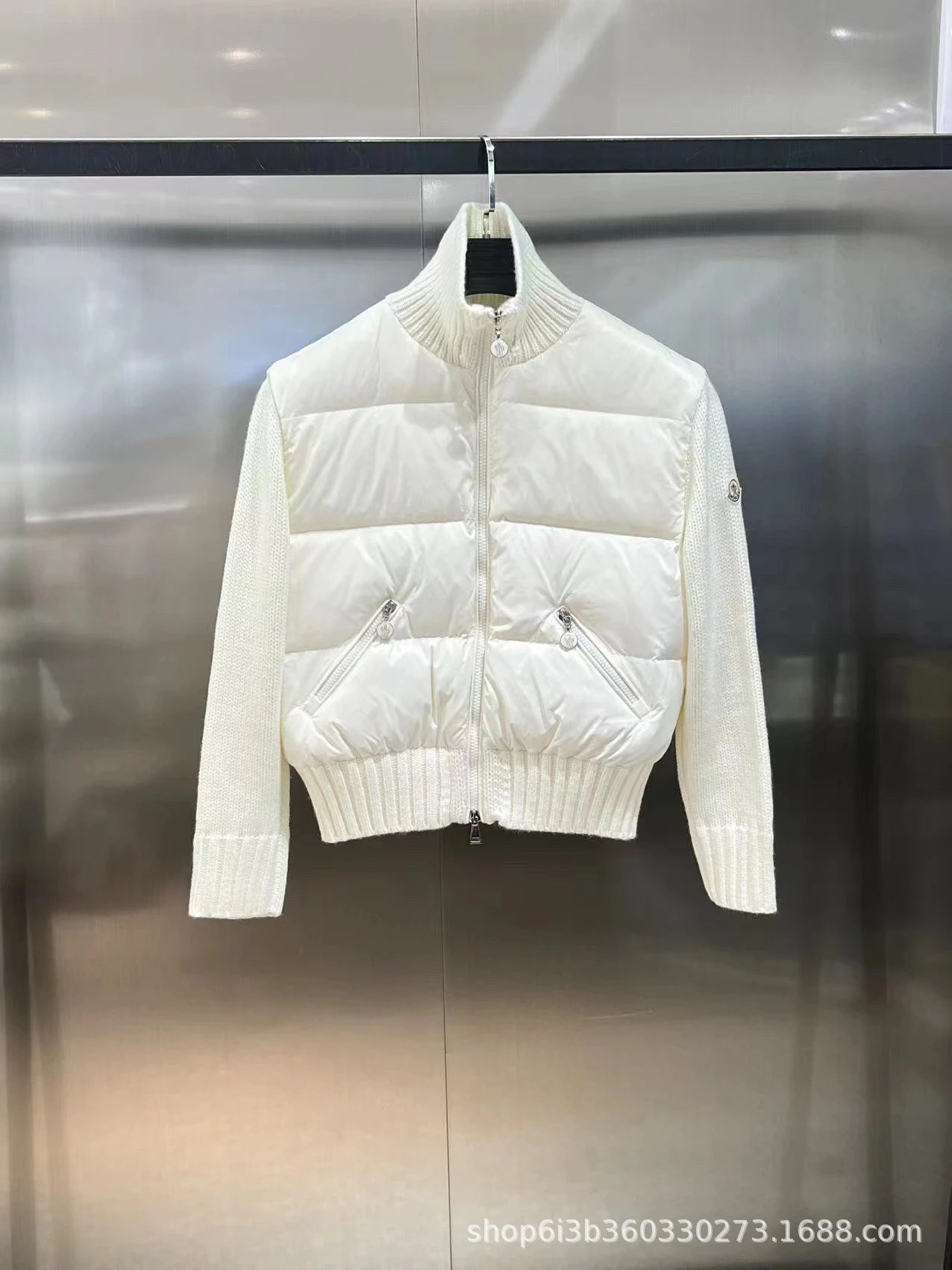 Autumn Winter New Style M Brand Knit Panel Lightweight White Down Jacket Stand Collar Short Fashion Cardigan Outer