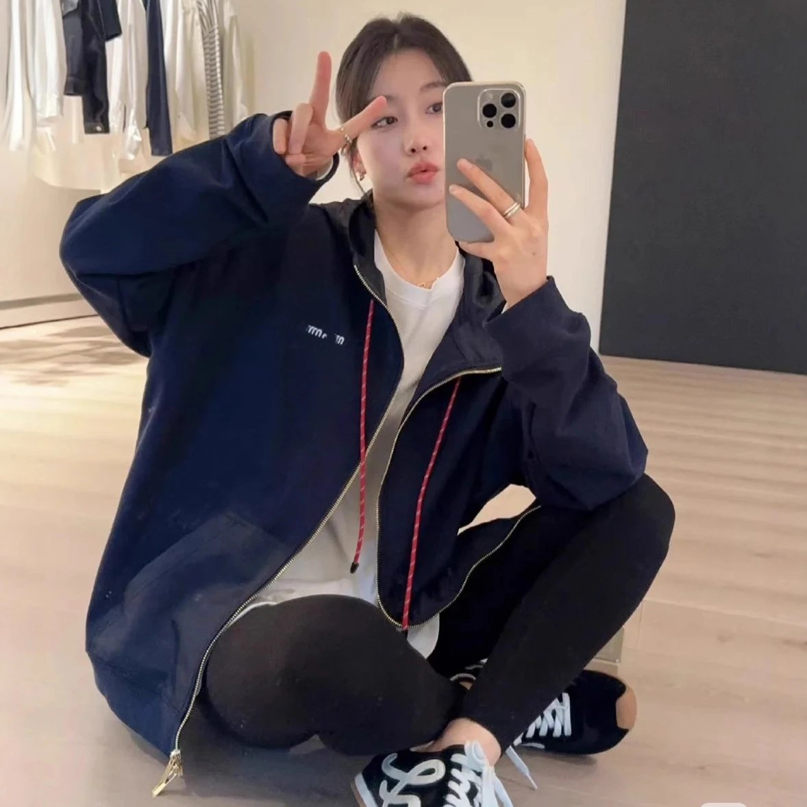 Miu Miu 2025 New Navy Blue Drawstring Hooded Zipper Hoodie Jacket