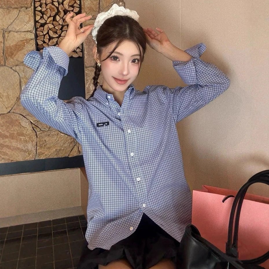 New Miu Miu Academy Letter Logo Patch Plaid Shirt Blue Shirt