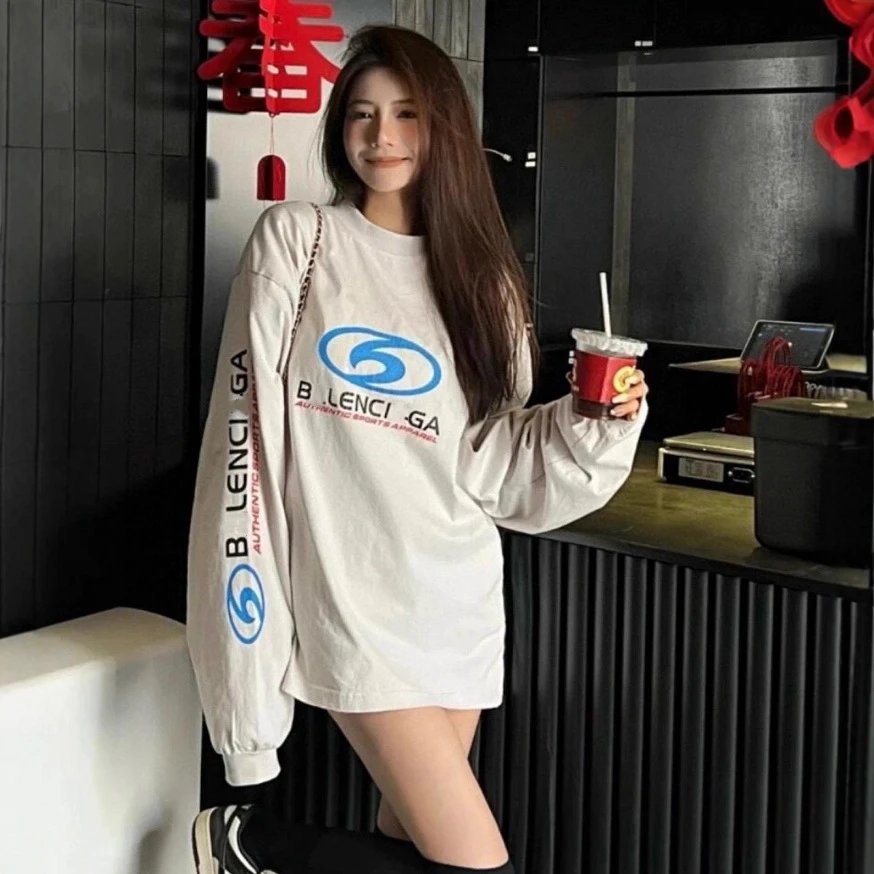 New style Balenciaga blur direct spray crewneck long sleeve T-shirt men's and women's base layer