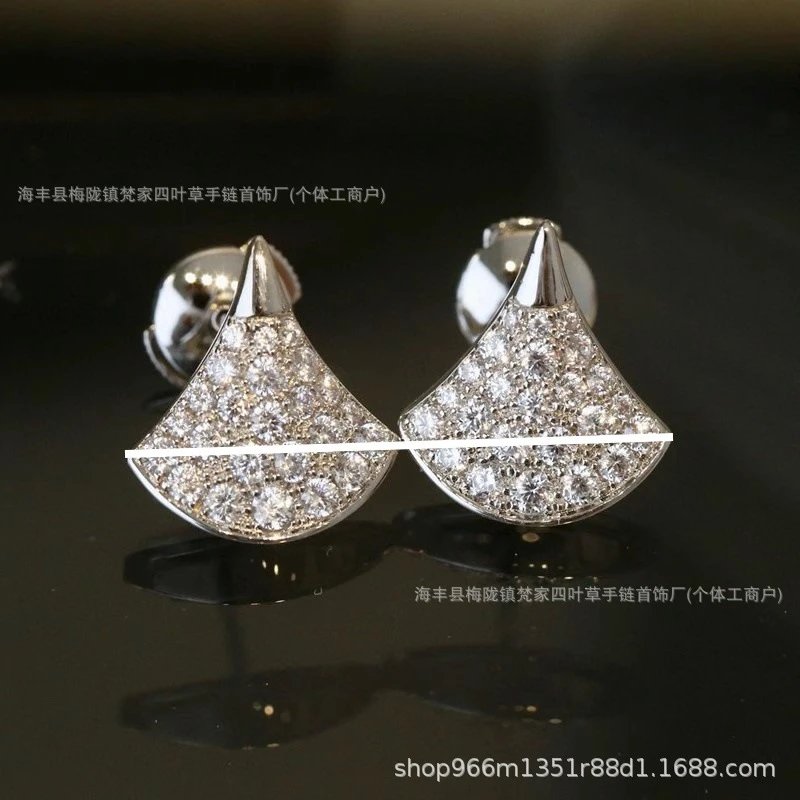 Bulgari Plated 18k Gold Mother-of-Pearl Small Dress Ear Studs, Precision Version Thick Electroplated Fan Red Carnelian Full Diamond Inlay Earrings