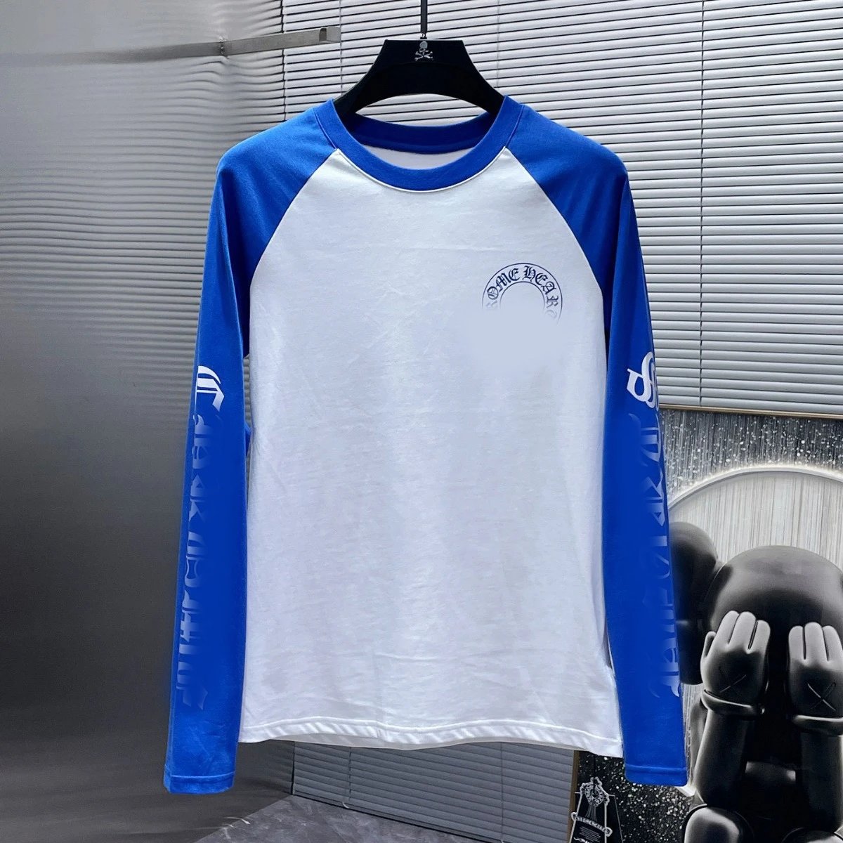 2023 Chrome Hearts Spring Autumn Chrome Hearts Letter Horseshoe Blue White Color Block Raglan Long Sleeve T-shirt Unisex Couples Loose