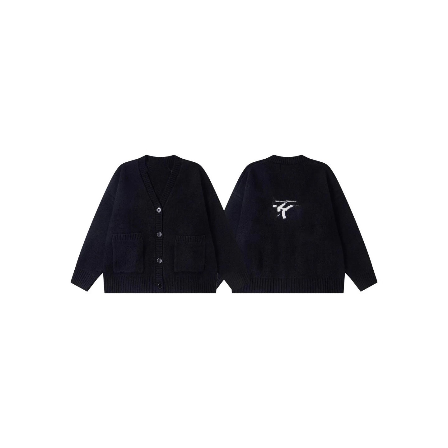 Vintage Solid Color V-Neck Single Row Button Back Print Long Sleeve Knitwear Coat Unisex Couple