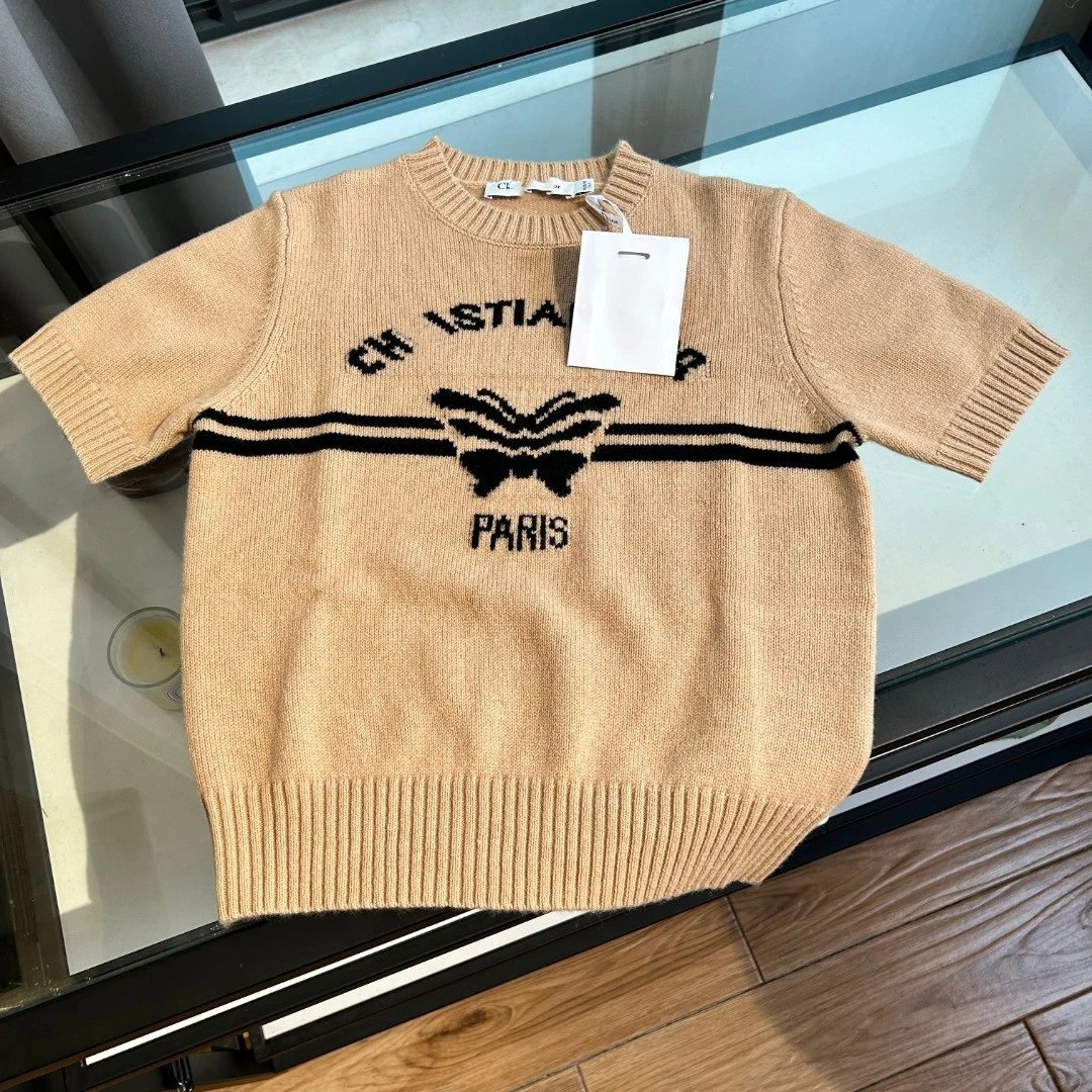 2025 Early Autumn New Dior Butterfly Embroidery Women's Short Sleeve Wool Sweater Top Unisex