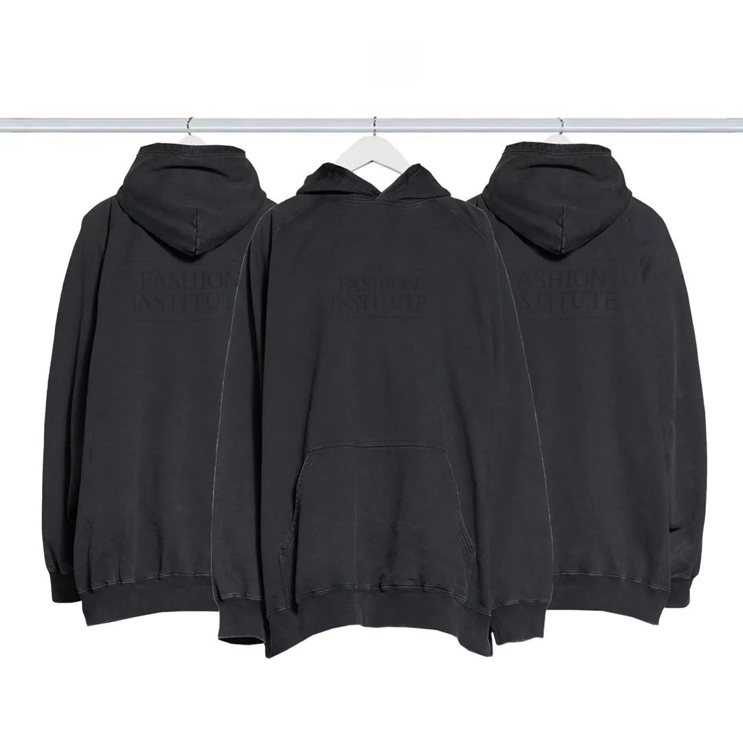 Balenciaga Fashion Institute Wash Black Hoodie Loose Casual Unisex Hooded Sweatshirt Couple Style