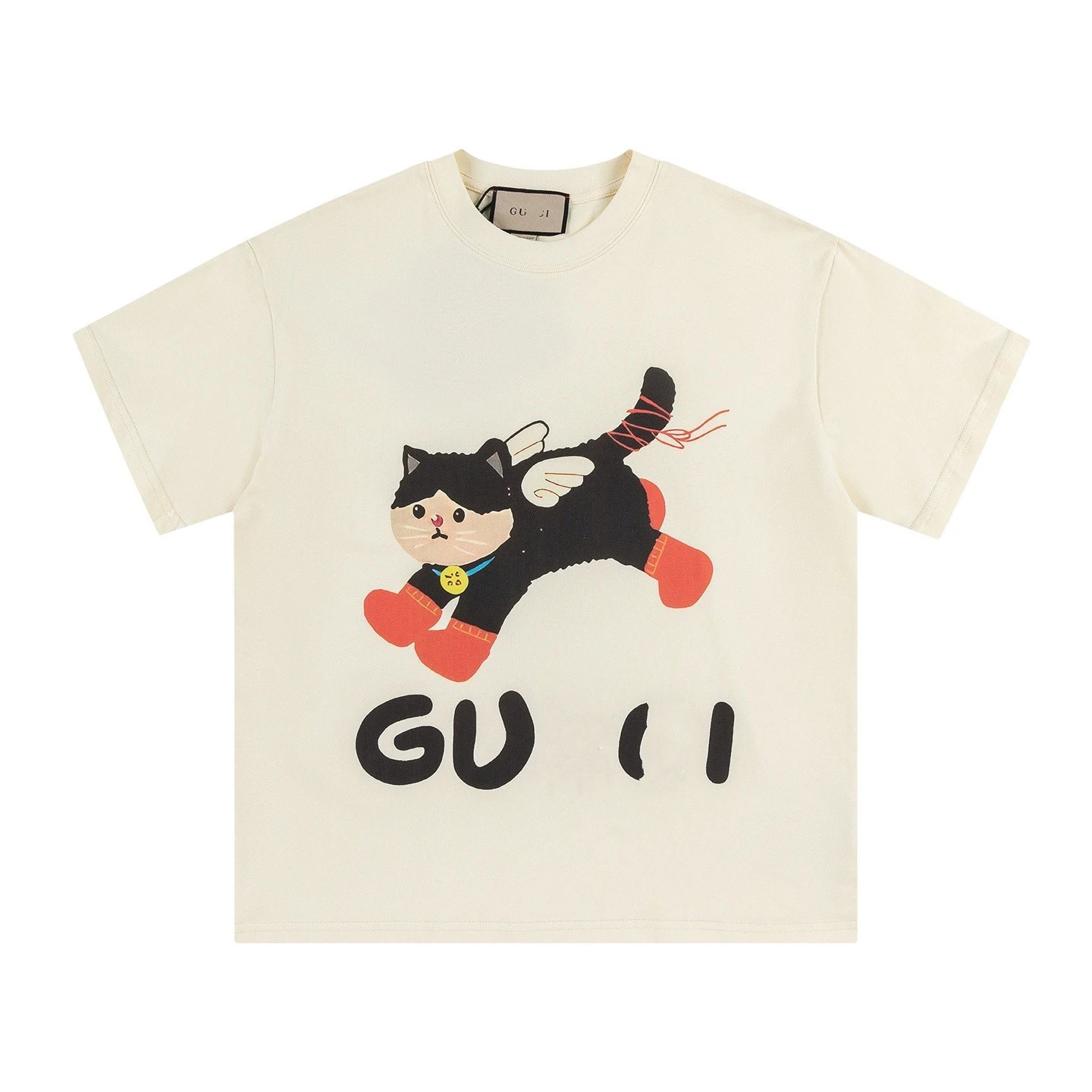 New Gucci Cartoon Series Little Cat Print Minimalist Solid Color Short Sleeve T-shirt