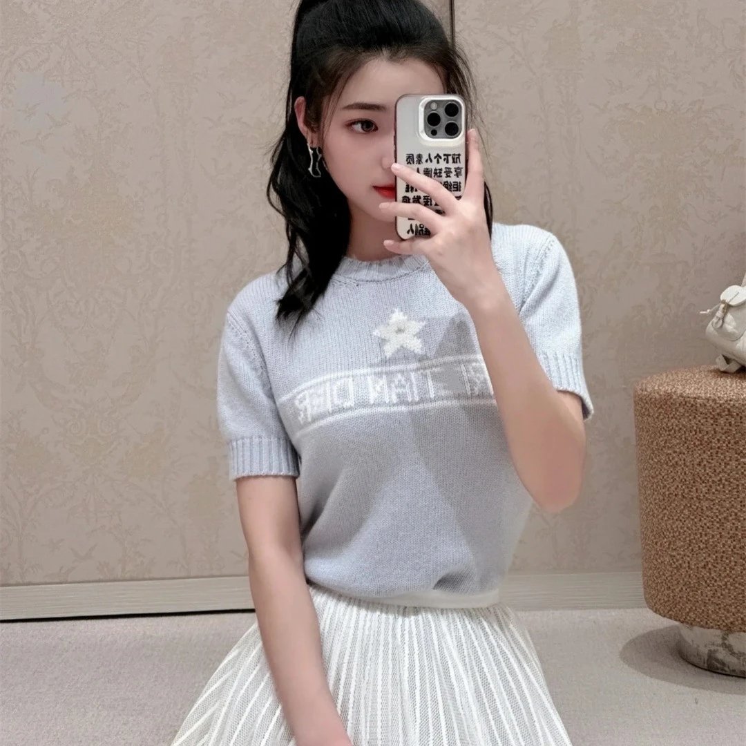 2025 Early Autumn New Dior CD Lucky Star Five-pointed Star Embroidery Short Sleeve Knit Wool Sweater Women's