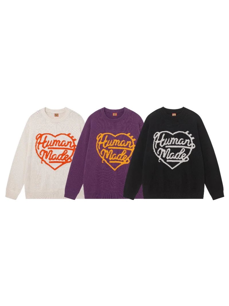 HUMAN New Heart Letter Jacquard Unisex Same Style Loose Knit Round Neck Pullover Sweater