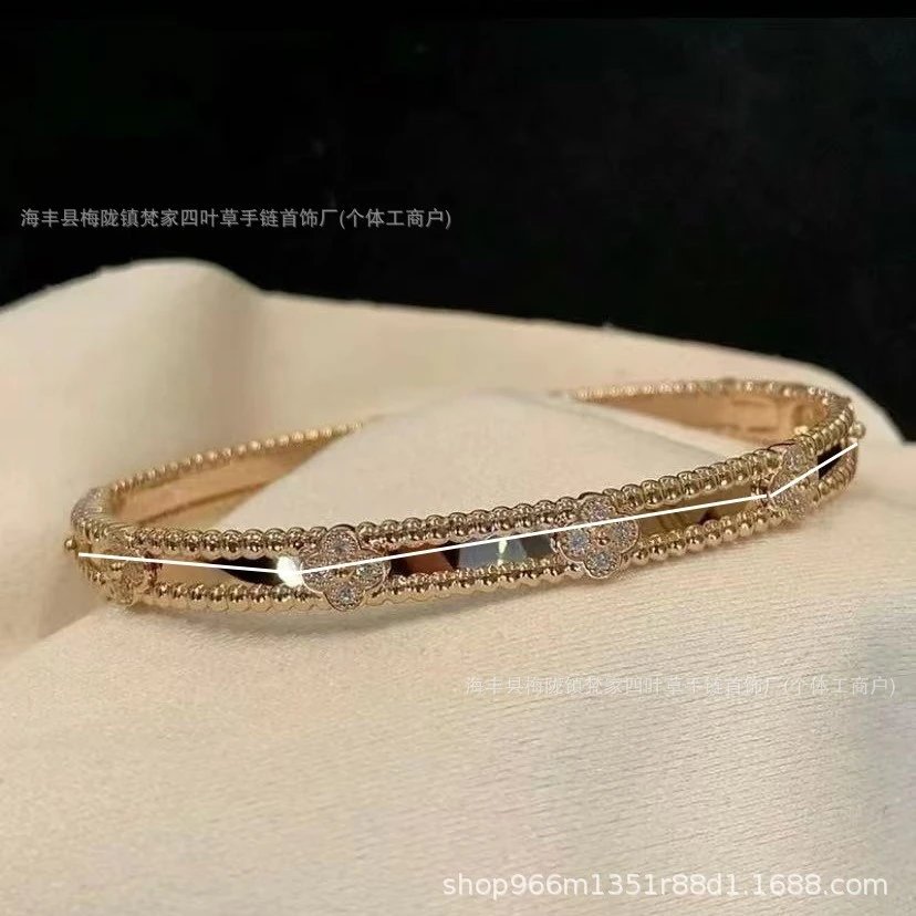 Van Gogh New 18K White Gold Rose Gold Plated Narrow Kaleidoscope Bracelet, Wide Version Beaded Full Diamond Four-Leaf Clover Inlaid