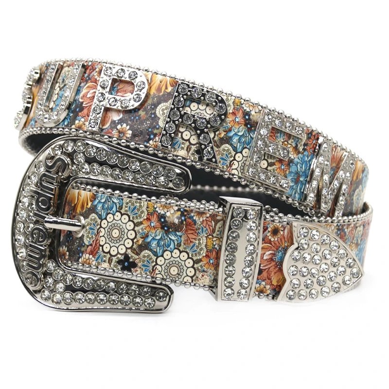Trendy printed rhinestone belt