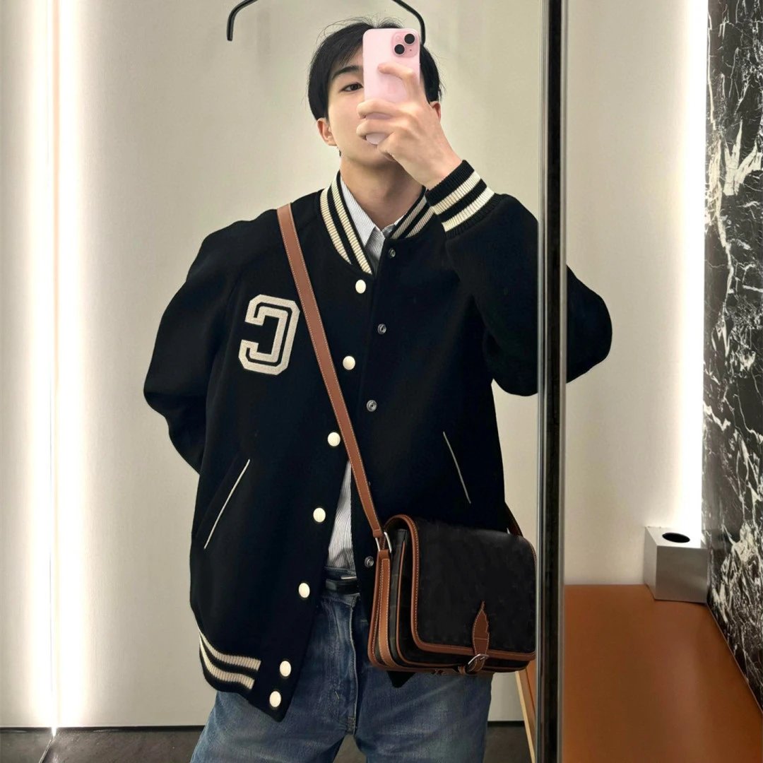 CELINE Letter Embroidery Casual Black Jacket Baseball Wool Coat Unisex