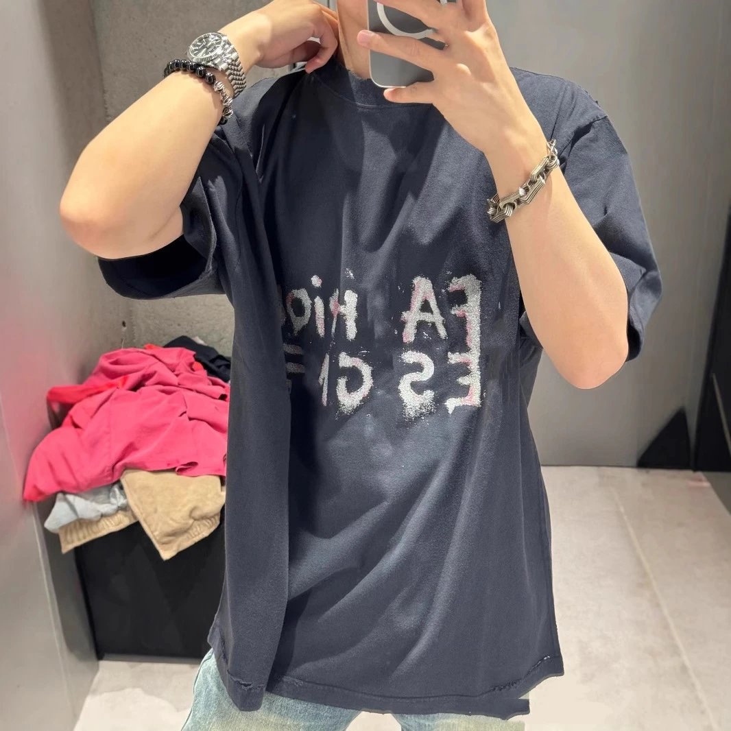 2025 New Balenciaga Letter Graffiti Oversized T-shirt Distressed Small Neckline Short Sleeve Unisex