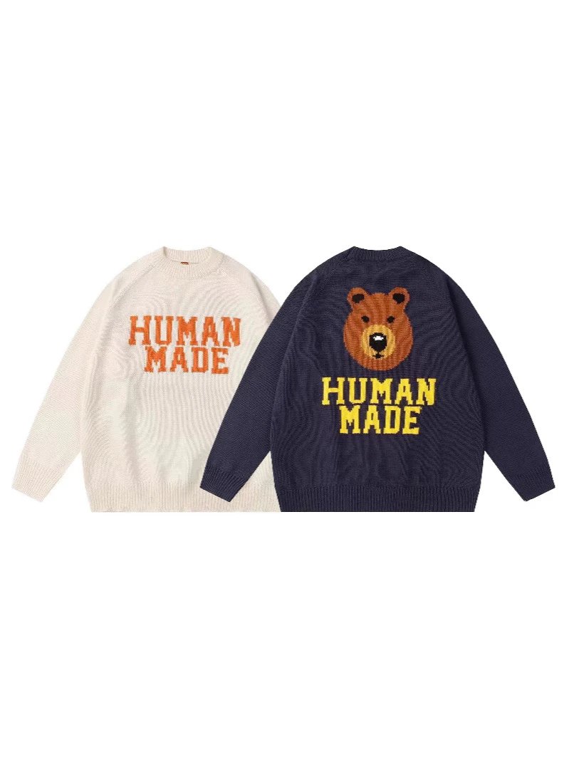 HUMAN Brown Bear Knit Sweater Loose Round Neck Knitwear Sweater Unisex Same Style