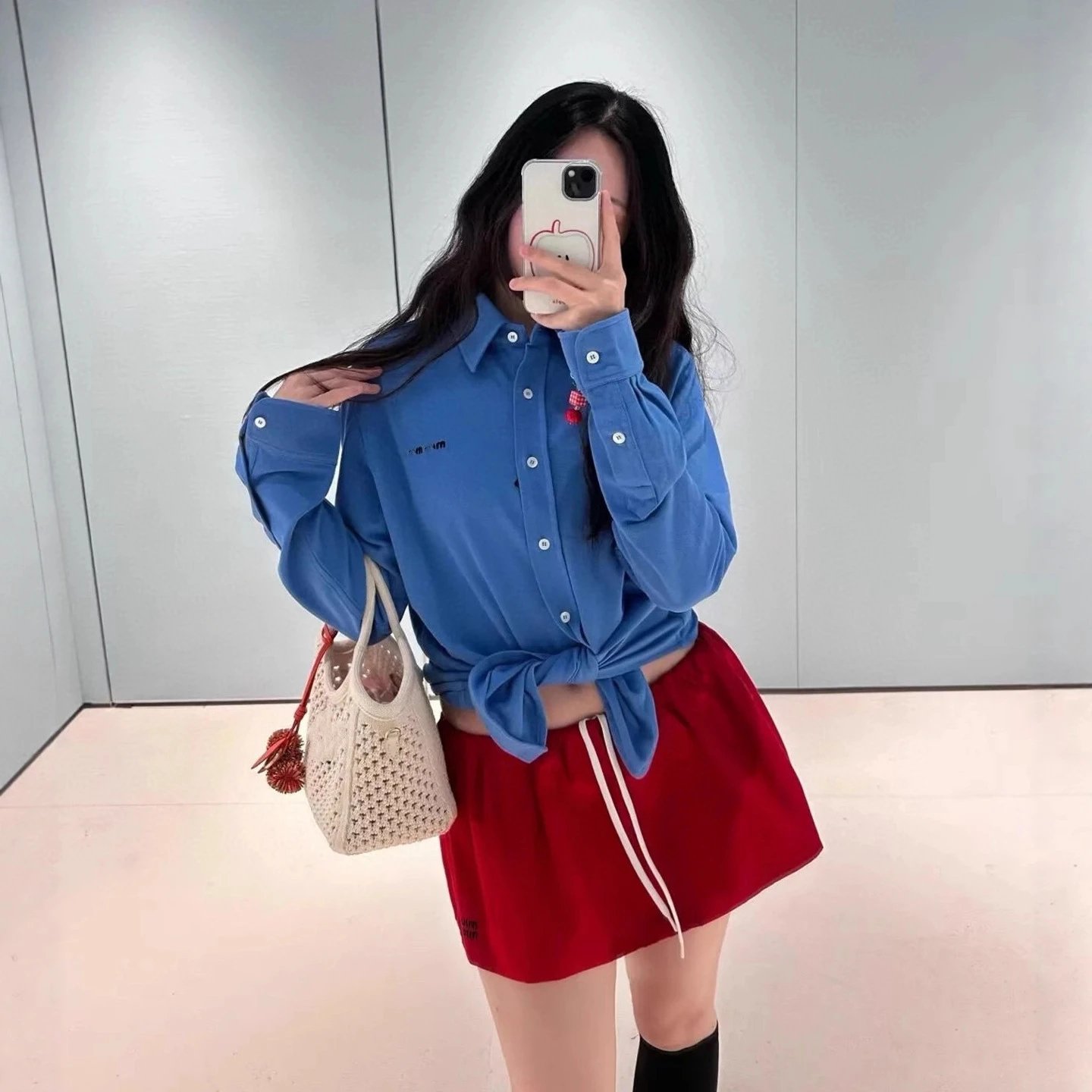 Miu Miu letter embroidery emblem cotton pique shirt men's and women's