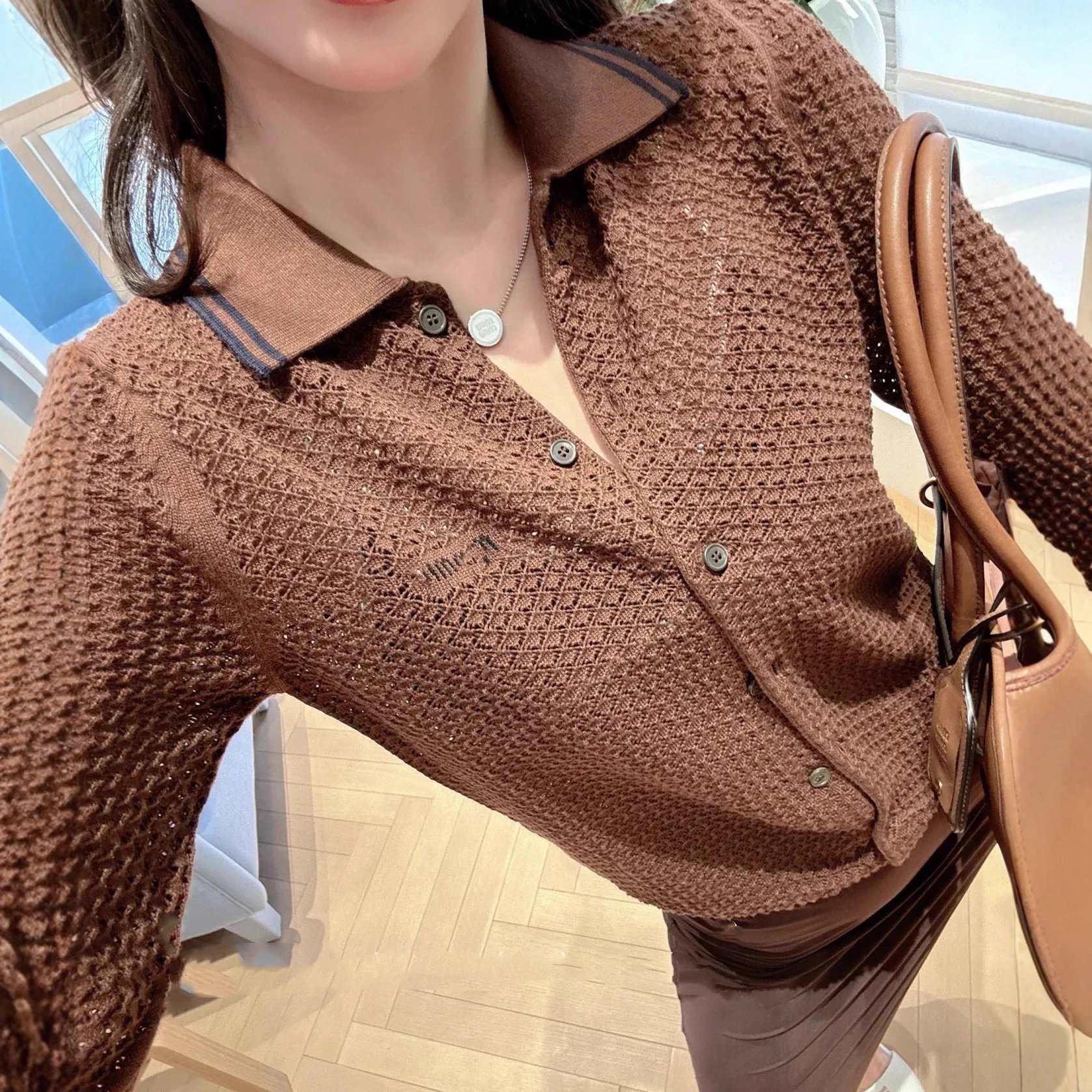 Miu Miu style inner wear hollow long sleeve cardigan knitwear women's