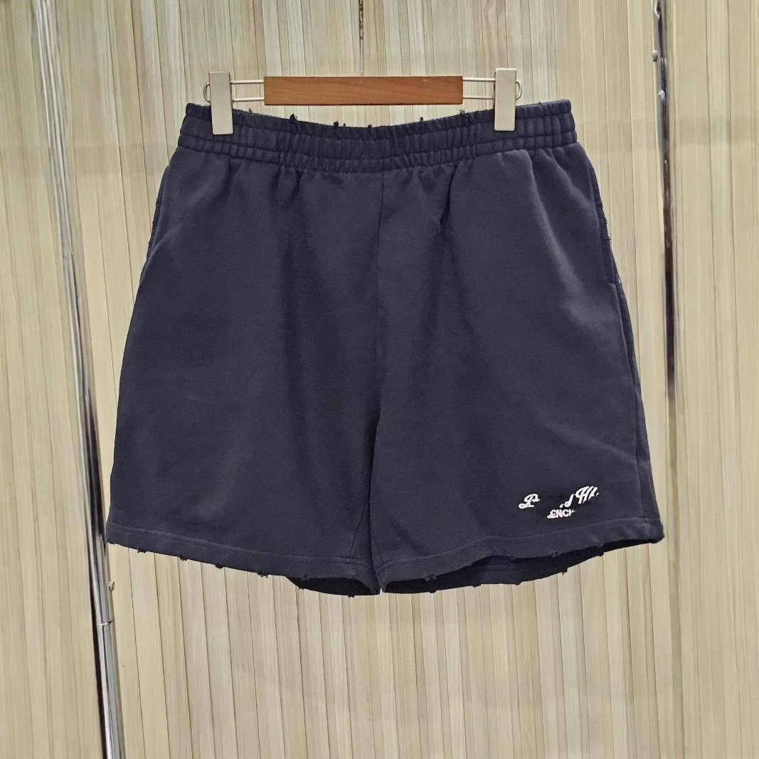 New Balenciaga Heavy Duty Washed Vintage Salt Effect Small Logo Embroidery Sports Shorts