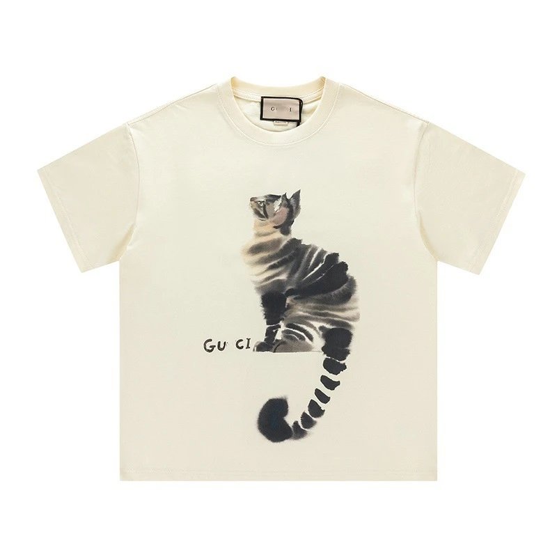 New Gucci Cartoon Series Kitten Print Minimalist Solid Color Short Sleeve T-shirt Top Unisex