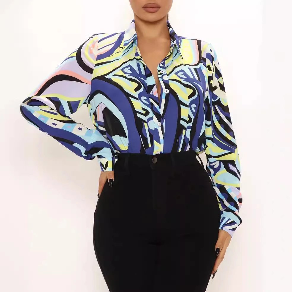 Women's Foreign Trade Casual Blouse with Lapel Collar, Loose Printed Shirt