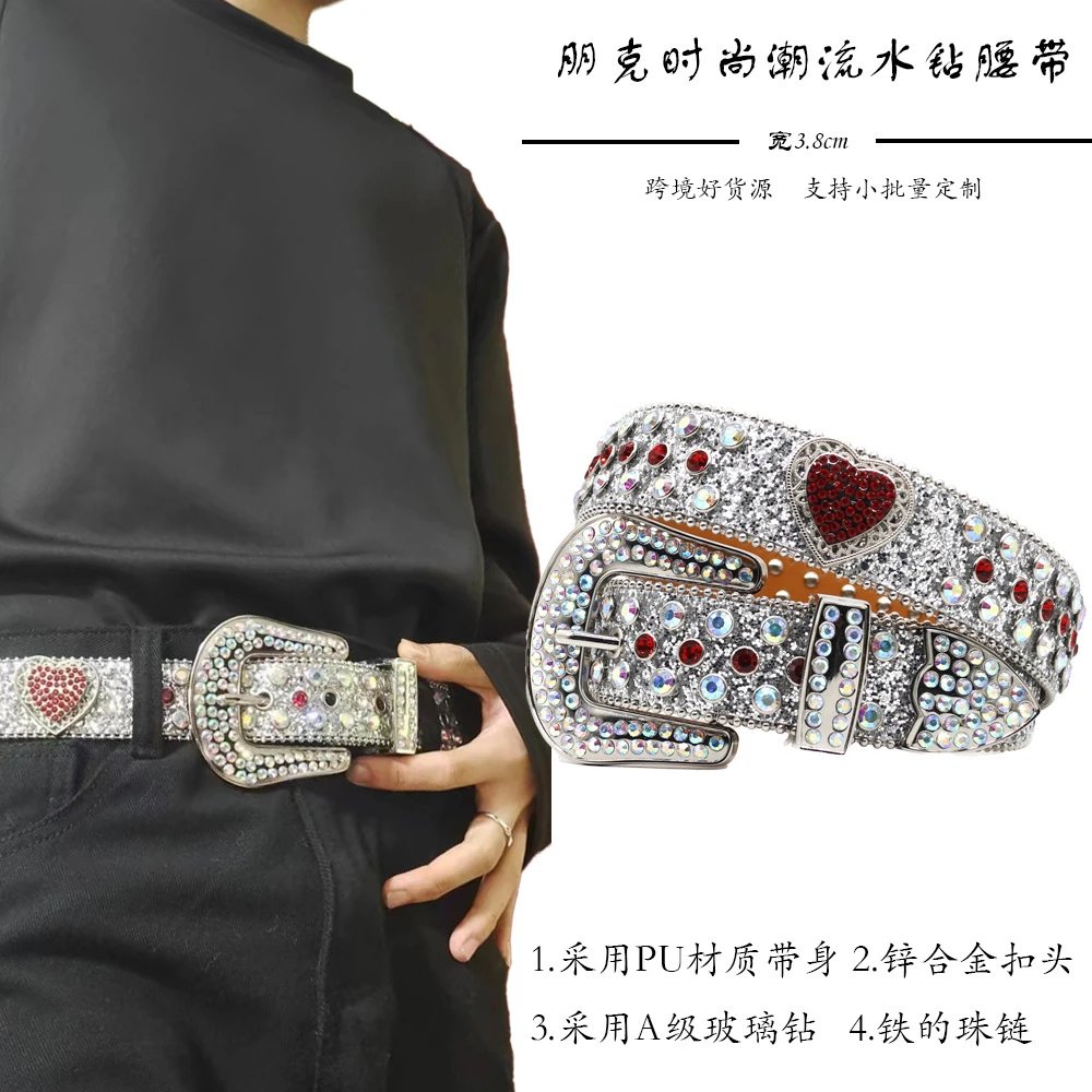 Glittered Belt Jeans Waistband Punk Rivets Studded Belt Jeweled Heart Waistband for Street Player Club Party Wear