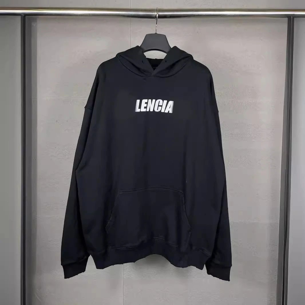 Balenciaga Classic Letter LOGO Print Distressed Frayed Hoodie Unisex Couple Style Trendy Hooded Sweatshirt