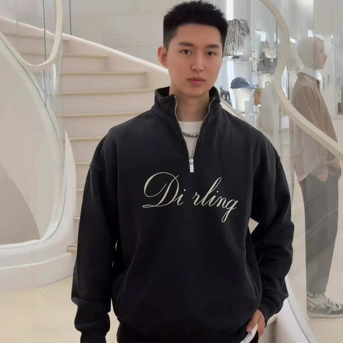 2025 new style Dior flocked half zip stand collar pullover sweatshirt men's and women's