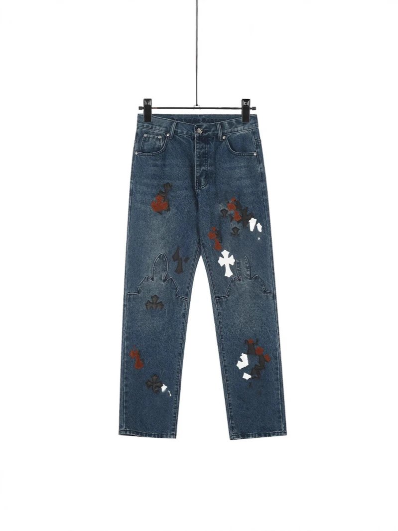 New American Washed Tie-Dye Vintage Colorful Cross Sanskrit Patch Ripped Jeans