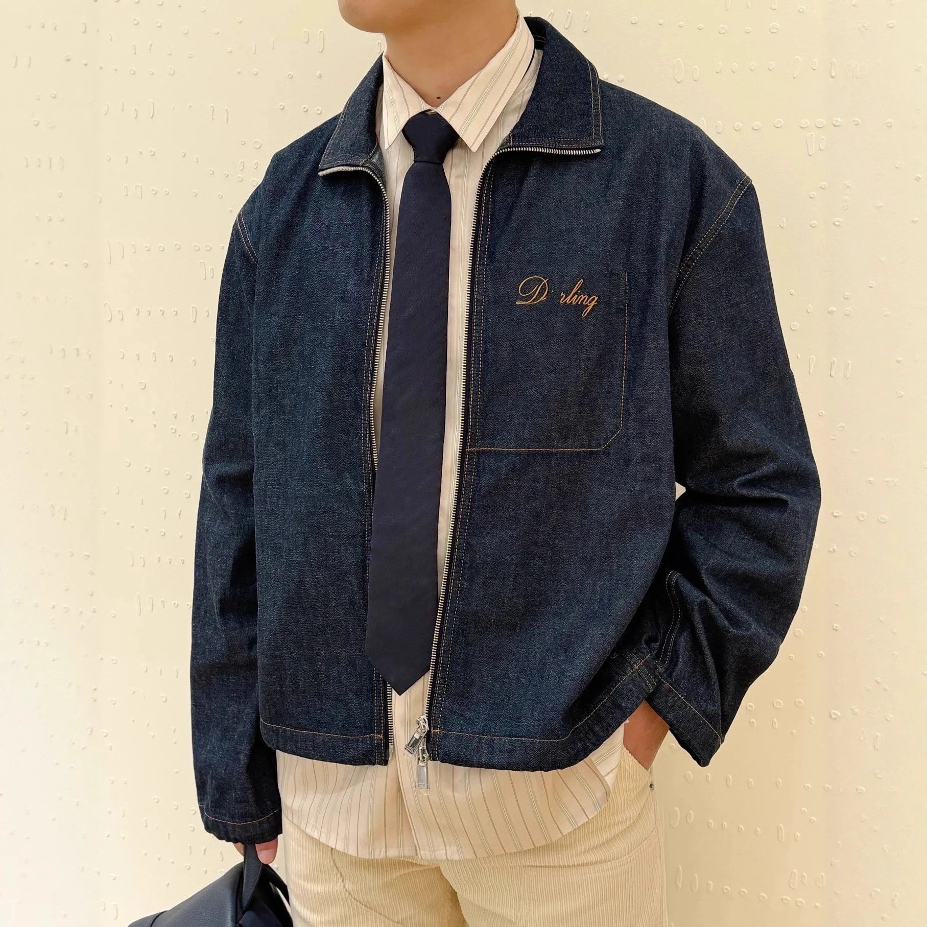 New Dior Work Stand Collar Straight Denim Jacket Long Pants Suit Unisex