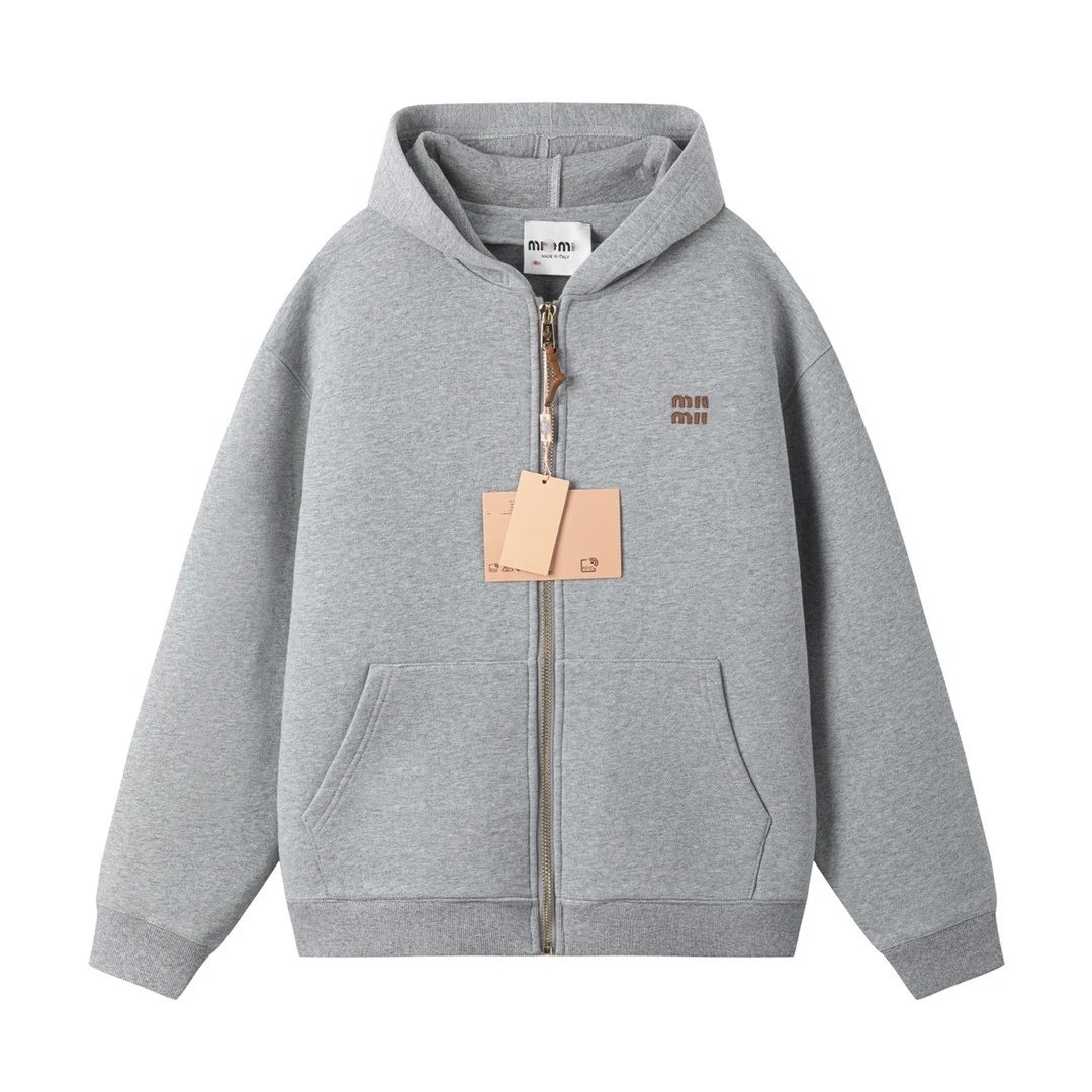 Miu Miu Embroidery Leather Logo Spacer Fabric Hoodie Zipper Hooded Jacket Unisex