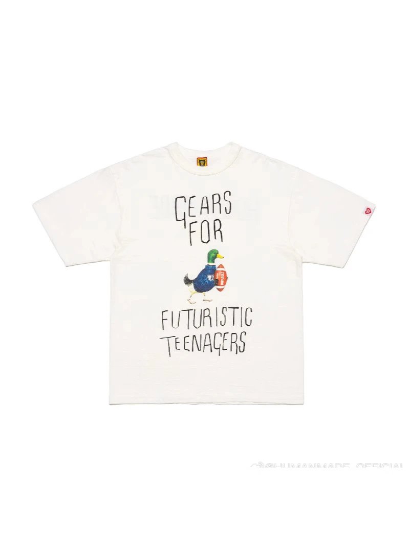 Retro HUMAN Bird Letter Cartoon Pattern Print Short Sleeve Bamboo Cotton Loose T-shirt