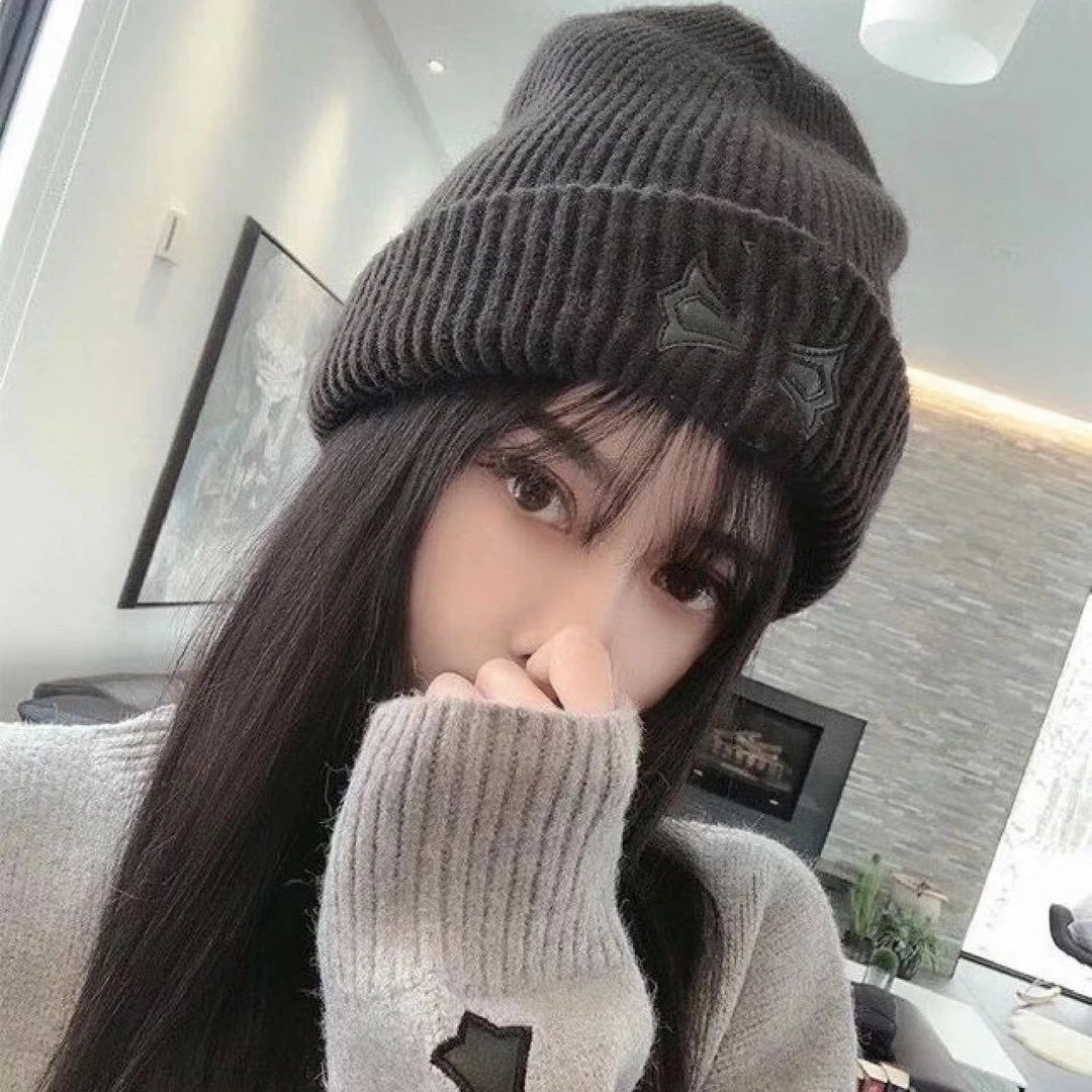 Winter Cross Heart Warm Knit Hat Men Couple Thick Leather Panel Fall Trendy Cold Hat