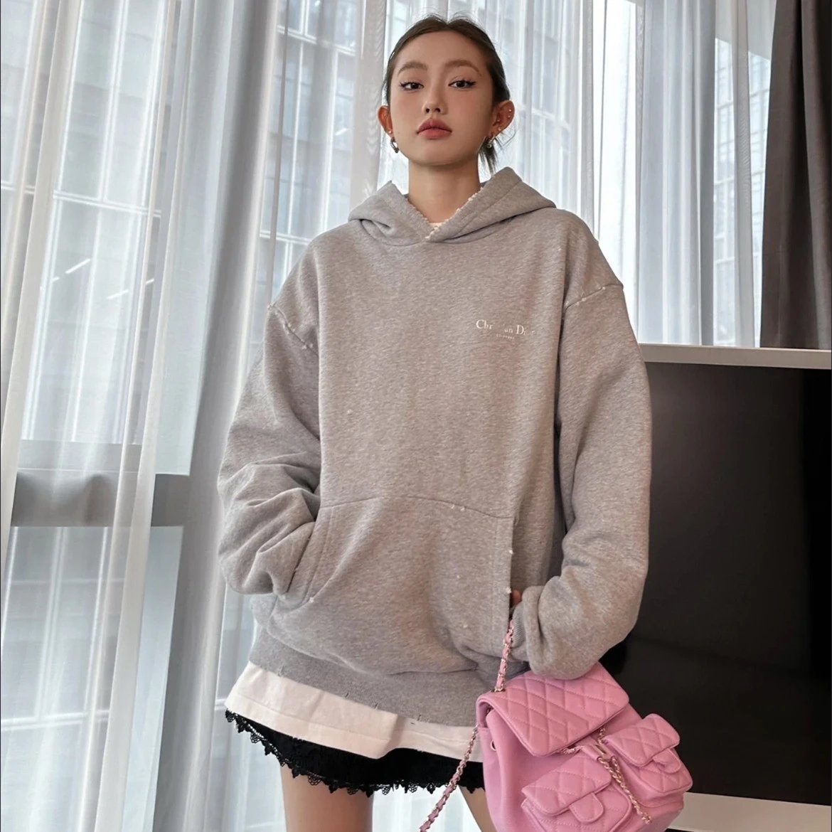 Dior classic style logo washed distressed pullover hooded sweatshirt men's and women's hoodie