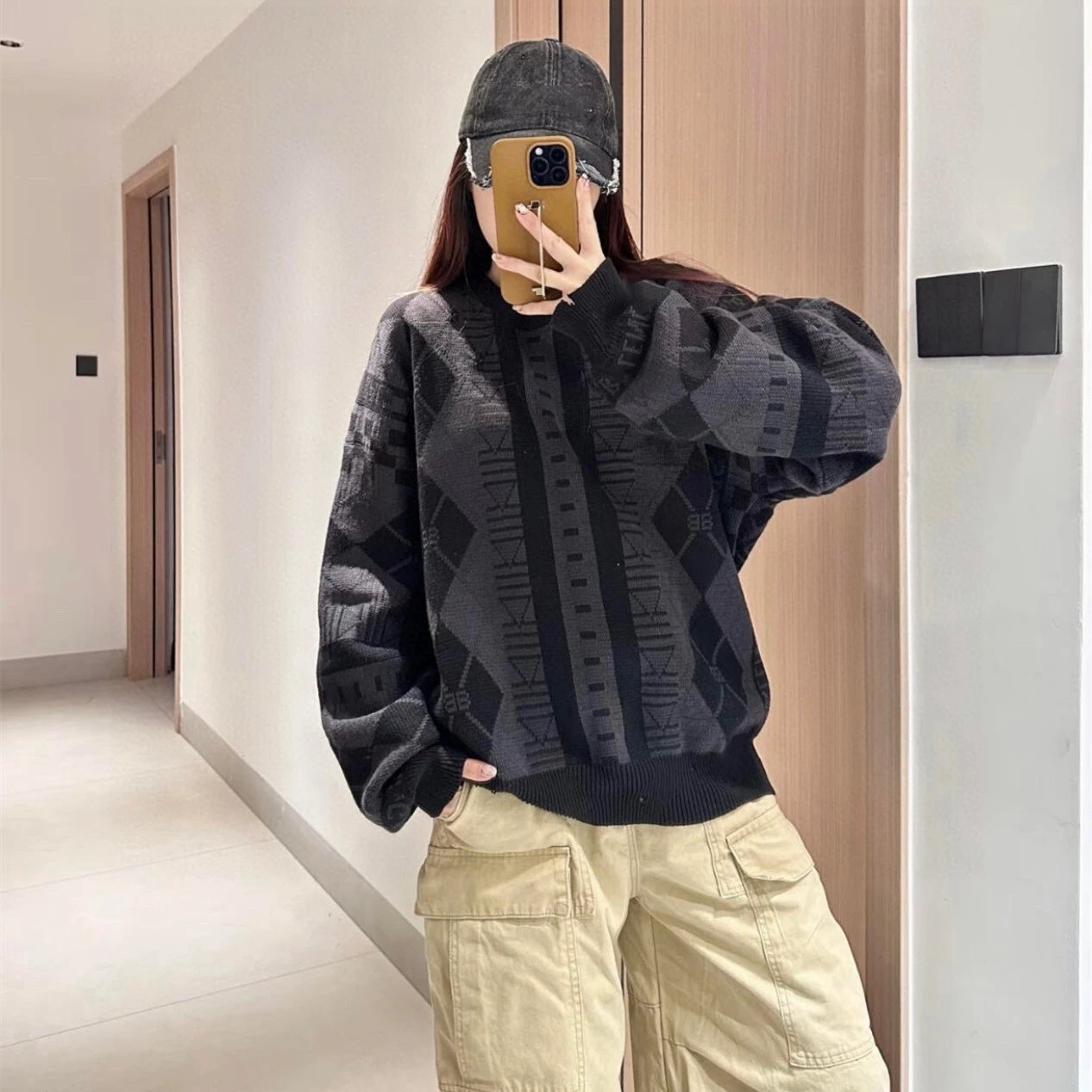 Balenciaga internet celebrity style geometric pattern loose pullover sweater men's and women's top