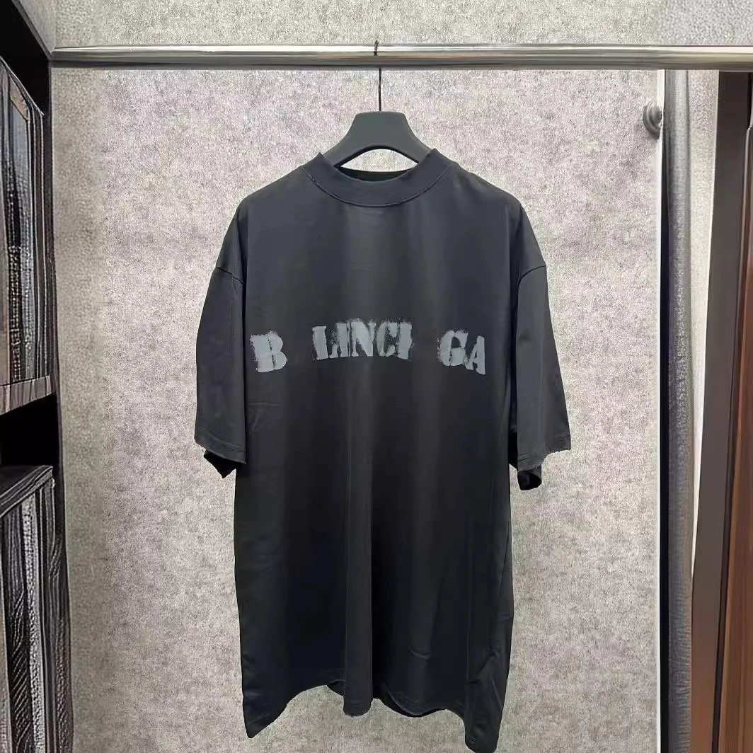 Balenciaga INS Viral New Blur Letter Print Distressed Unisex Loose Small Neckline Short Sleeve T-shirt