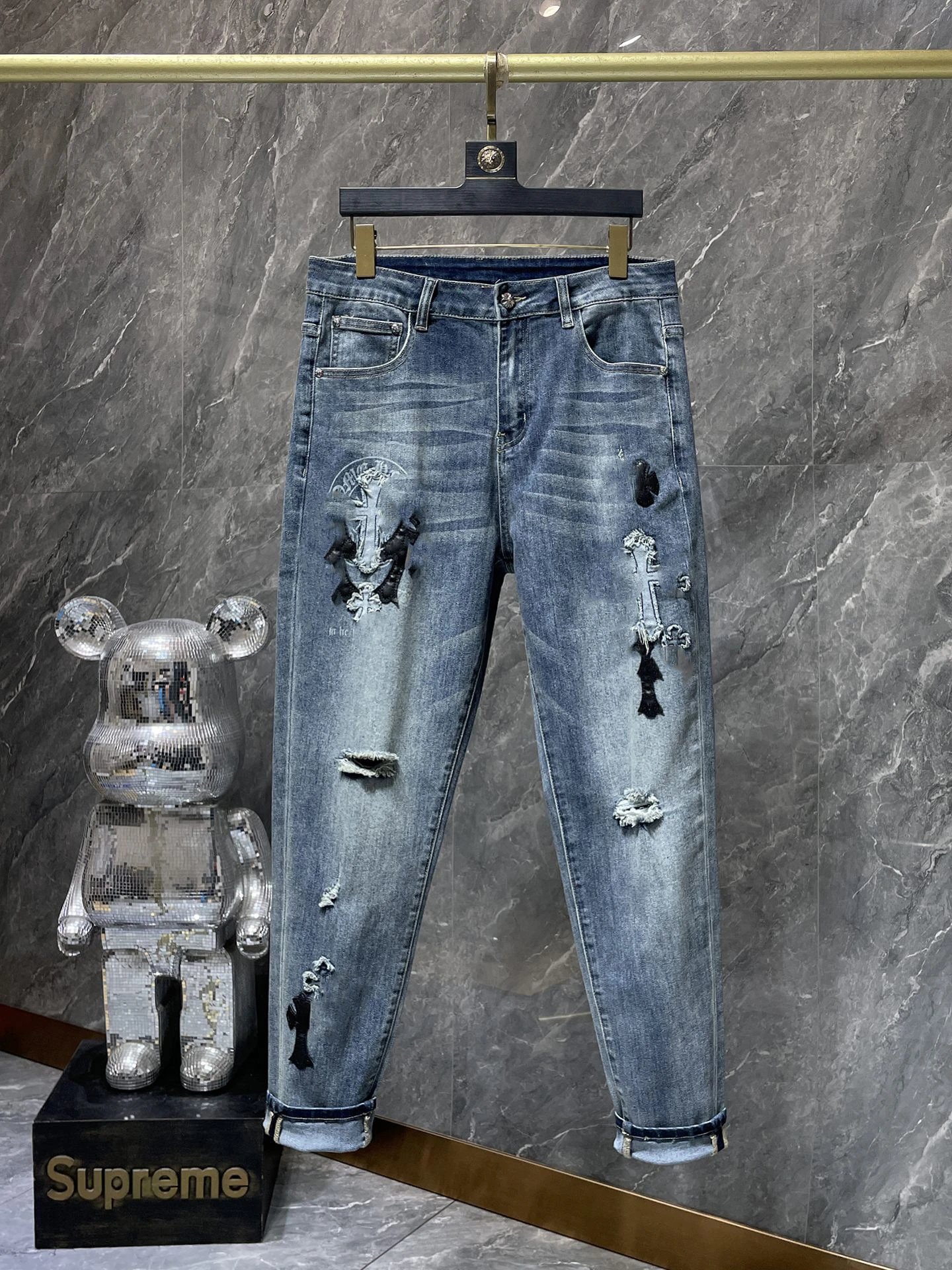 Chrome Hearts Washed Denim Patch Cross Ripped Jeans Slim Men's Pants