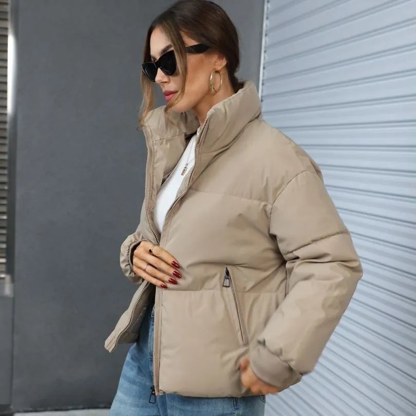2025 European New Style Fashion Down Cotton Jacket Women's Petite Stand Collar Loose INS Hong Kong Style Student Puffer Jacket