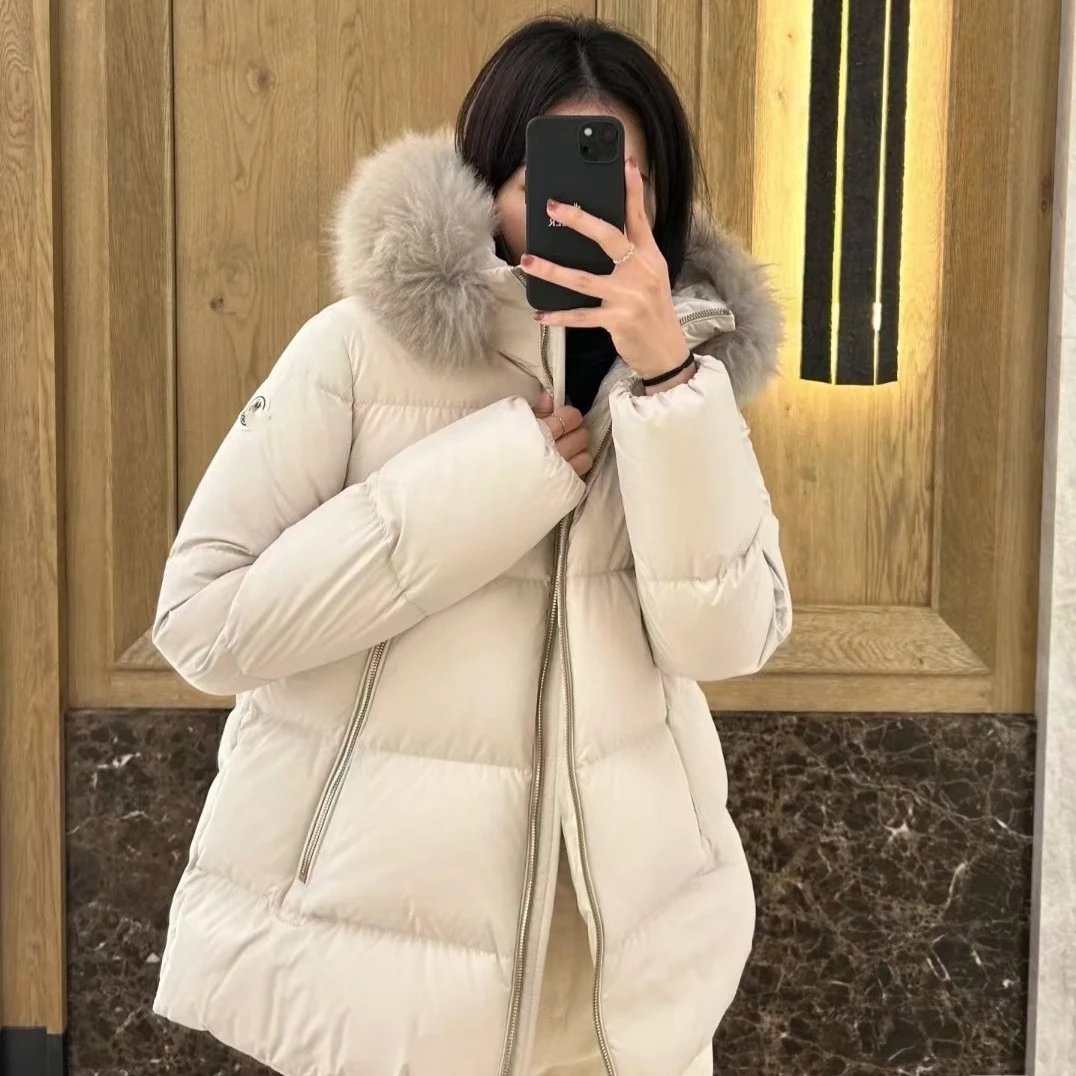 Moncler Internet Famous Style A-Line 90% White Duck Down Fur Collar Matte Warm Jacket