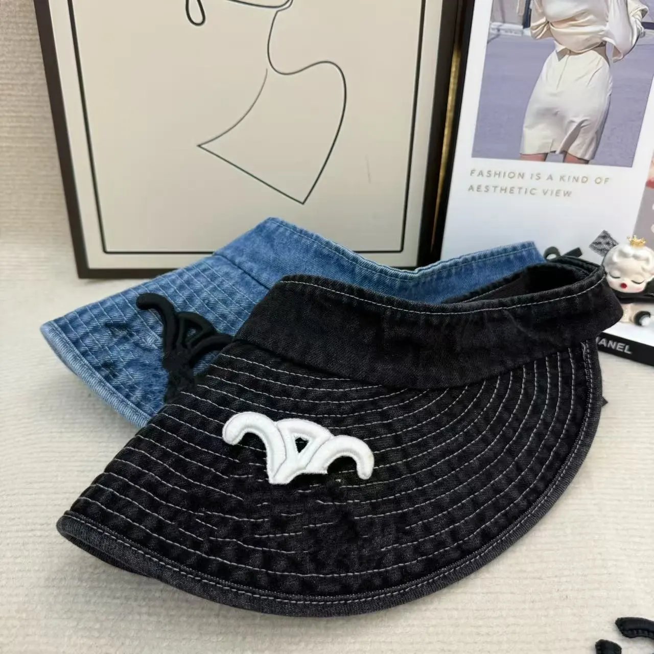 CELINE Denim Headband Hat Women Outdoor Casual Versatile Sun Hat Extra Wide Brim Minimalist Sun Cap
