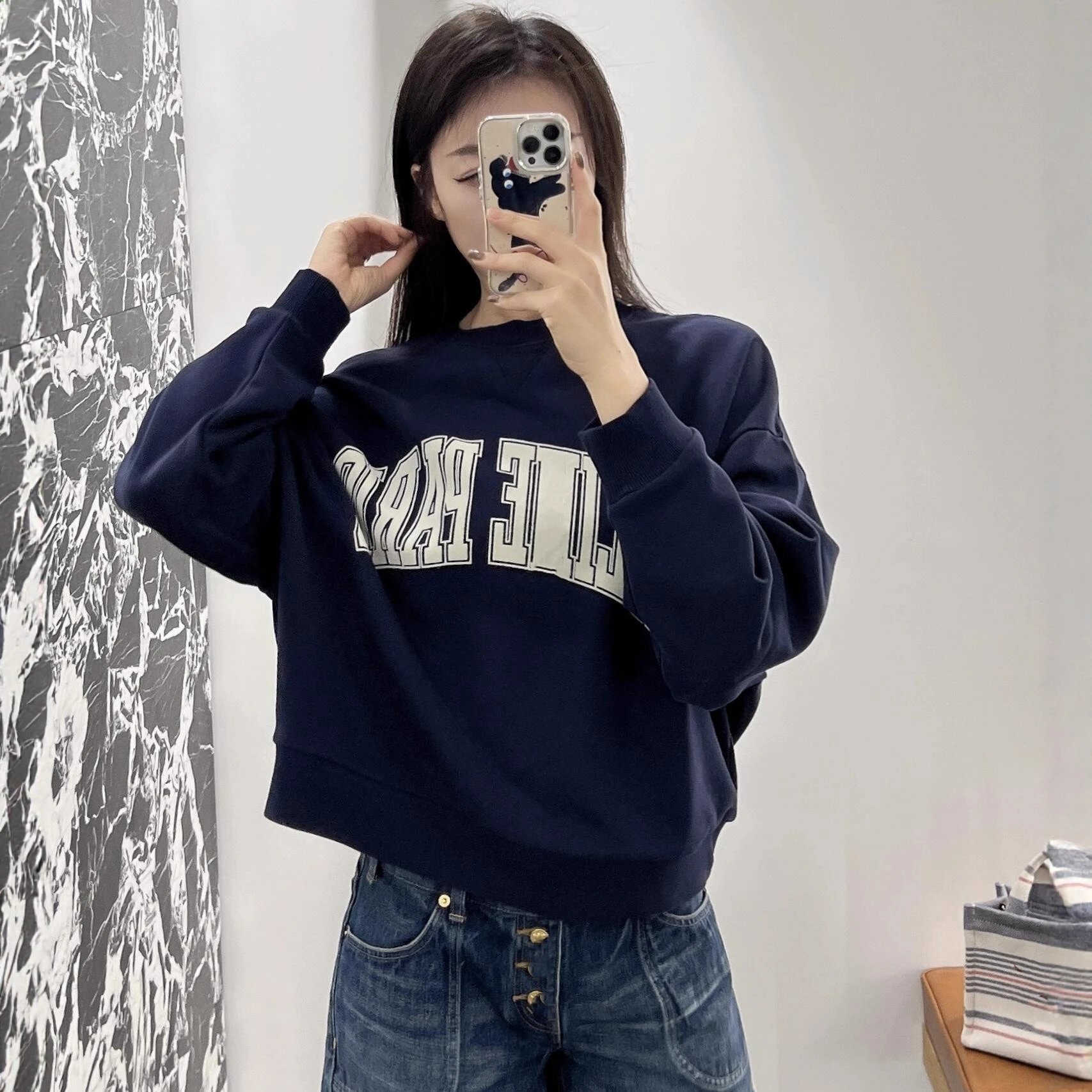 CELINE navy blue flocked letter terry crewneck pullover sweatshirt women's