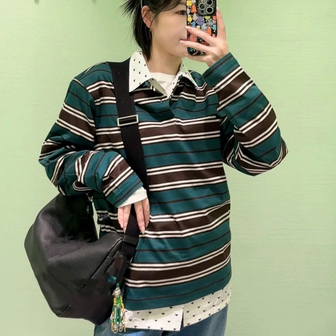 2025 spring new style Prada embroidery letter polo shirt stripe collar long sleeve top men's and women's
