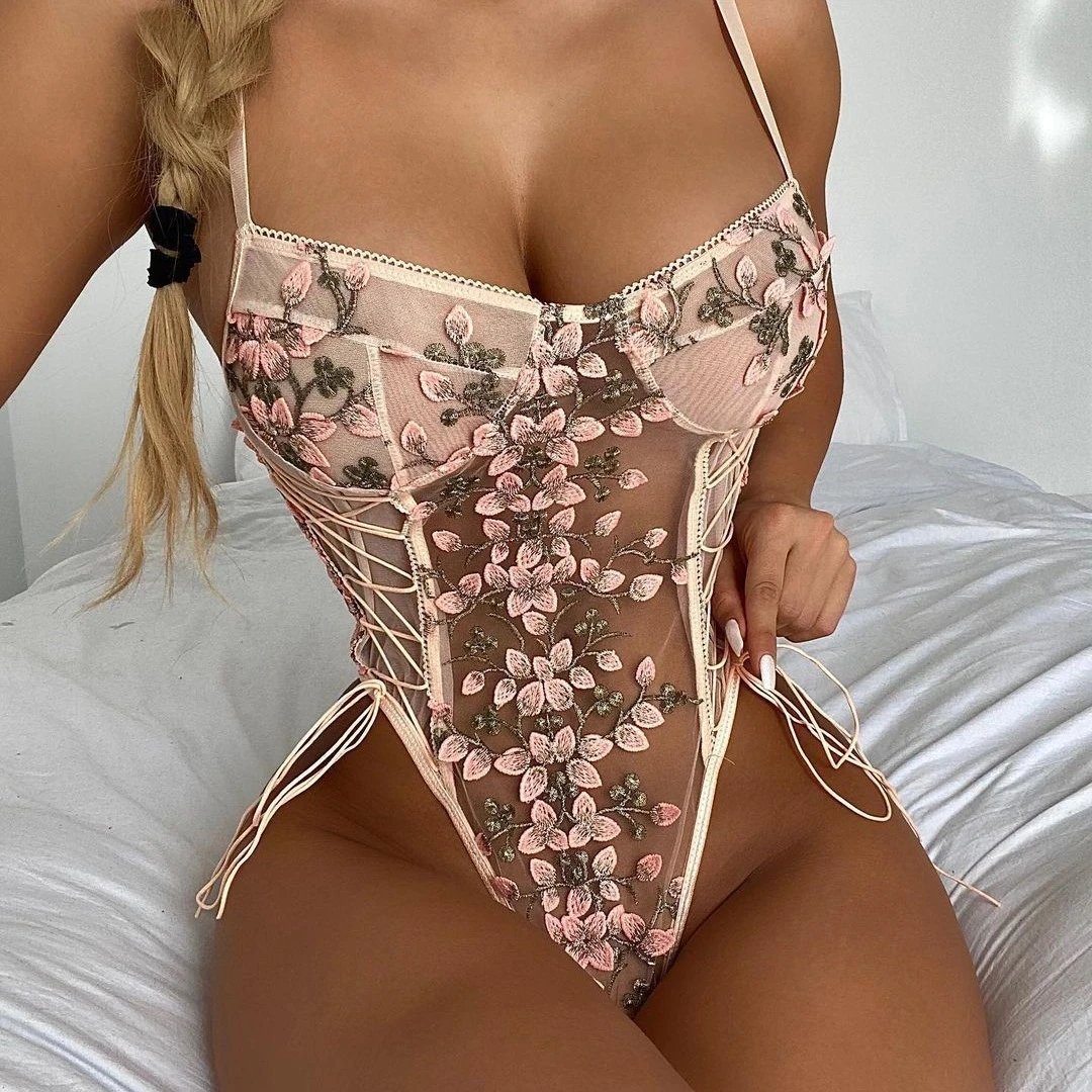 Lingerie Lace Flower Embroidery Tie-Up Sexy See-Through Seductive Bodysuit Ready Stock Women